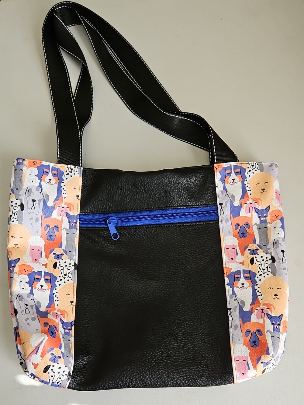Black Shoulder Tote Bag with Colorful Dog-Print Panels